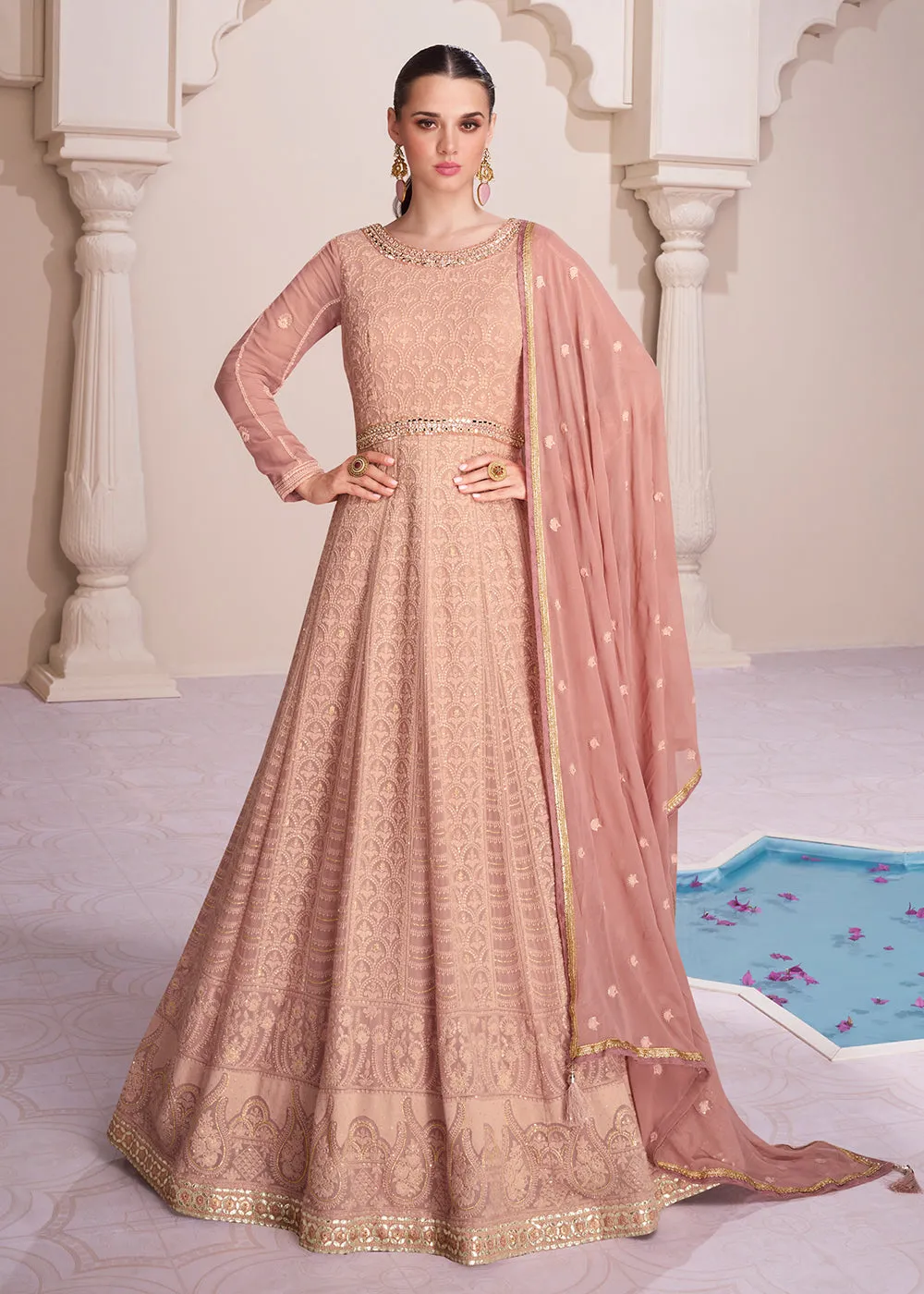 Lucknowi Style Embroidered Peach Georgette Wedding Anarkali Gown