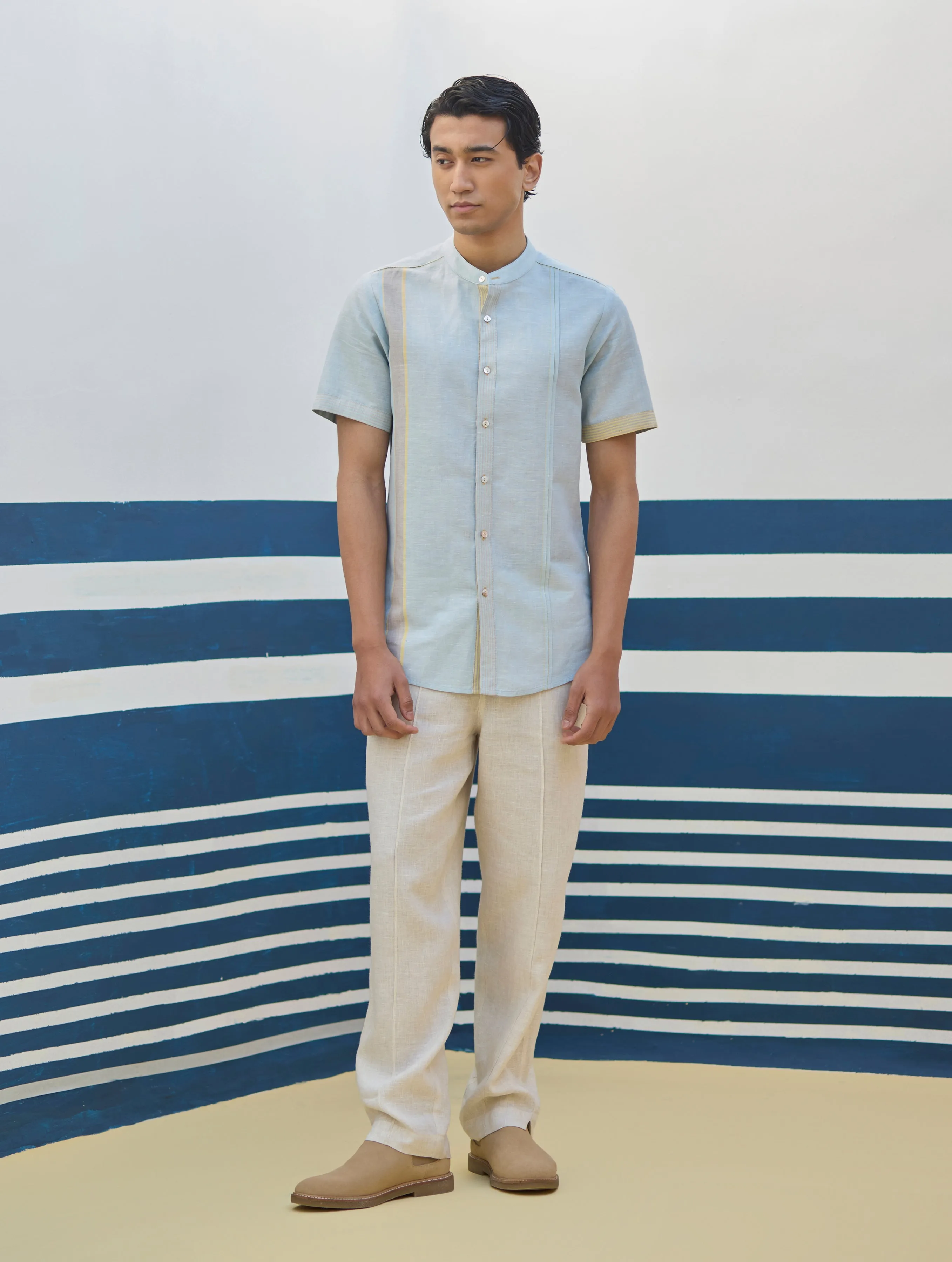 Niko Border Linen Shirt - Sky