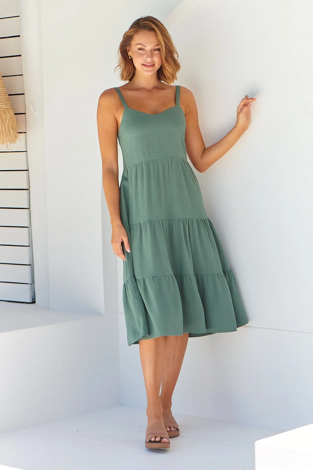 Nora S/less Sage Linen Blend Tiered Midi Dress