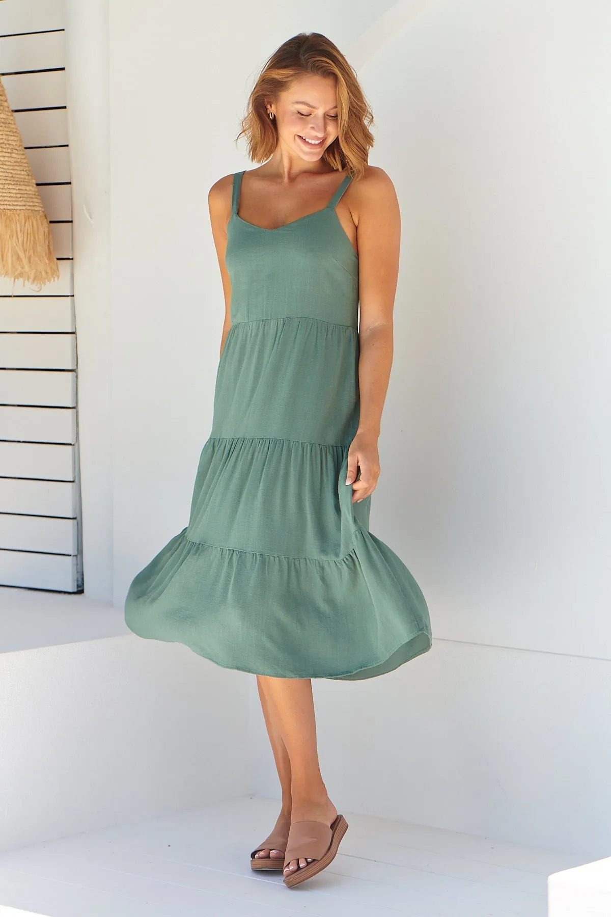 Nora S/less Sage Linen Blend Tiered Midi Dress