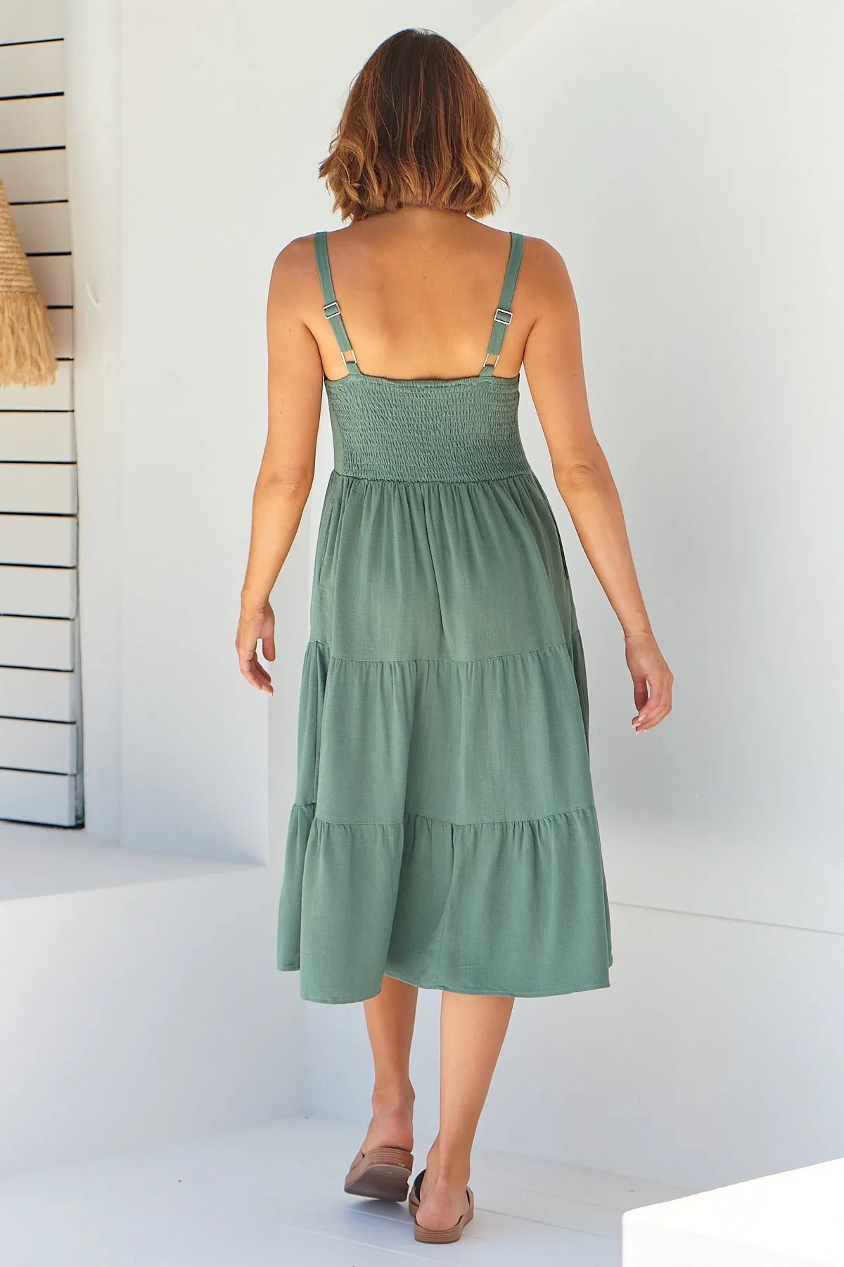 Nora S/less Sage Linen Blend Tiered Midi Dress