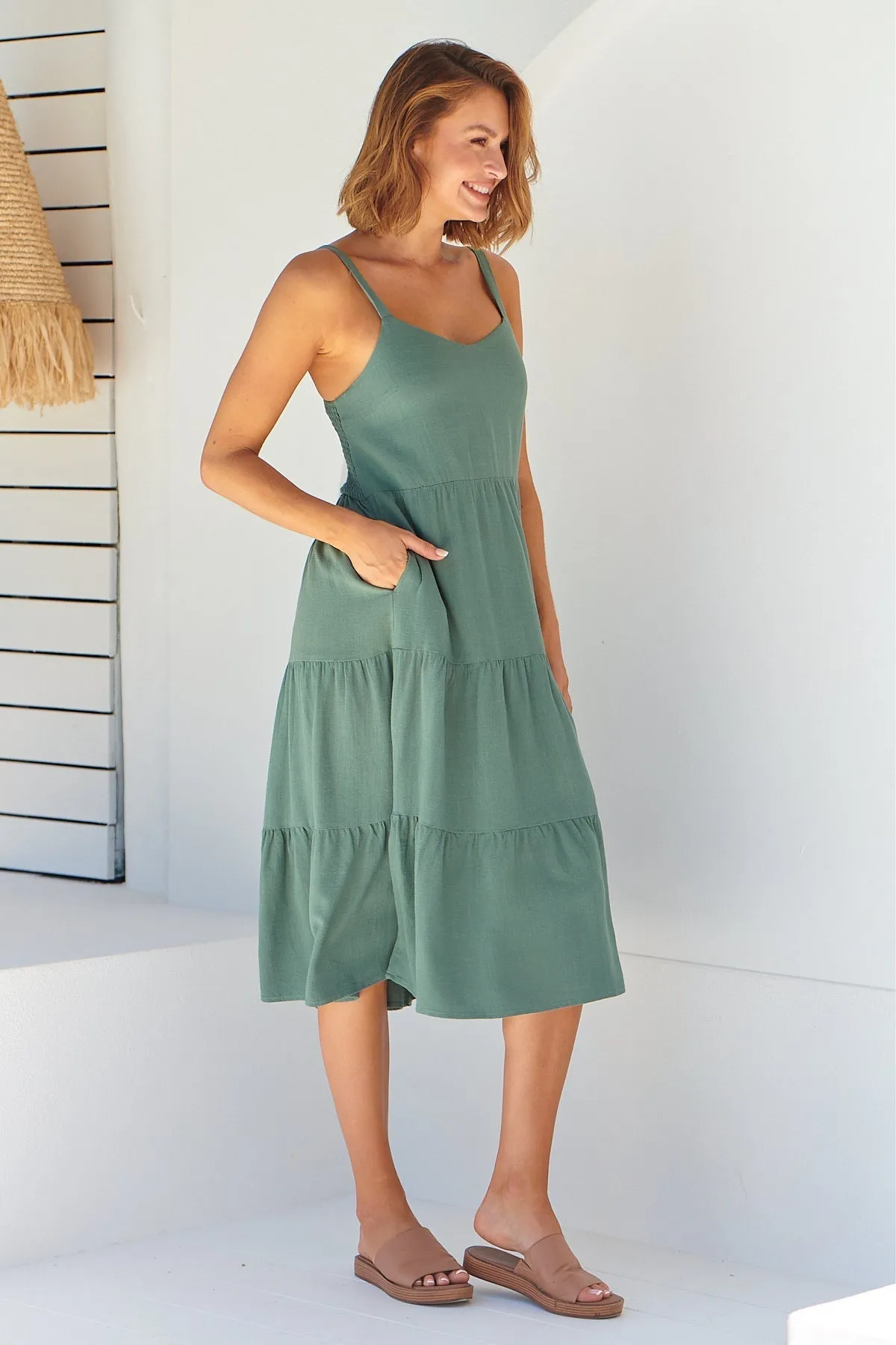 Nora S/less Sage Linen Blend Tiered Midi Dress