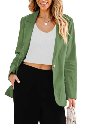 Olive Green Women's Business Casual Pocket Notched Lapels Blazer Long Rolled Up Sleeve Blazer