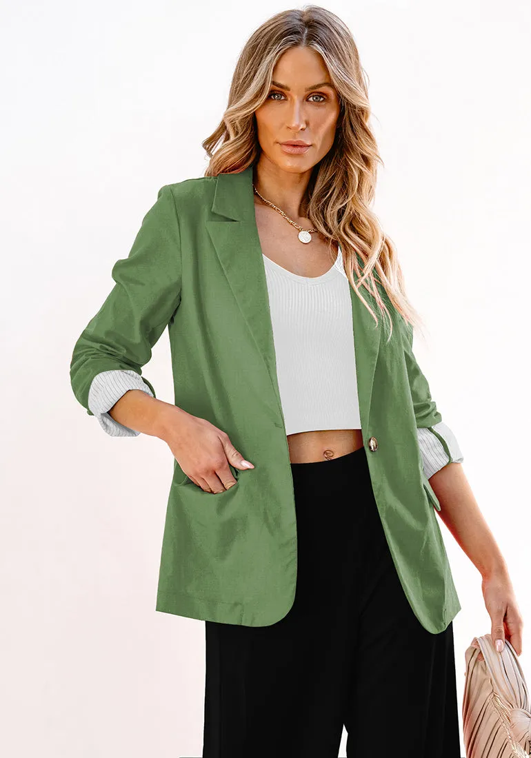 Olive Green Women's Business Casual Pocket Notched Lapels Blazer Long Rolled Up Sleeve Blazer