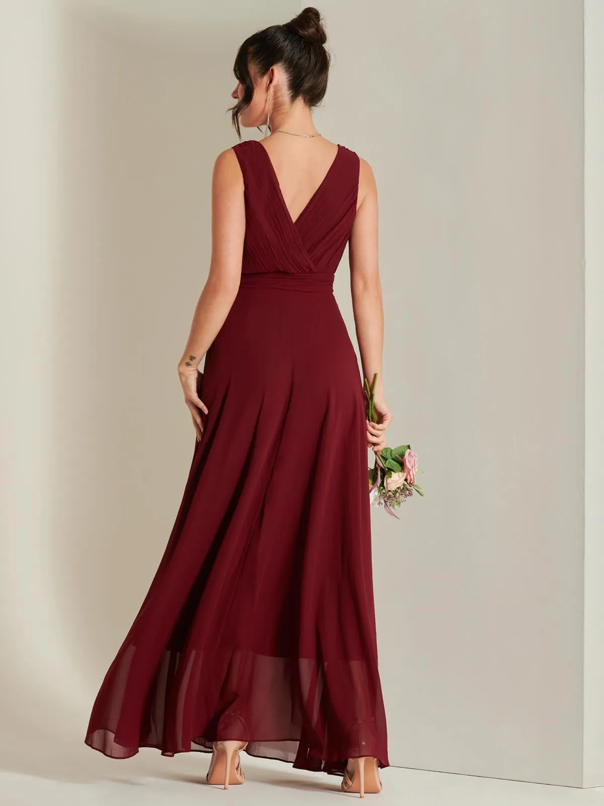 Pleated Bodice Chiffon Maxi Dress, Burgundy