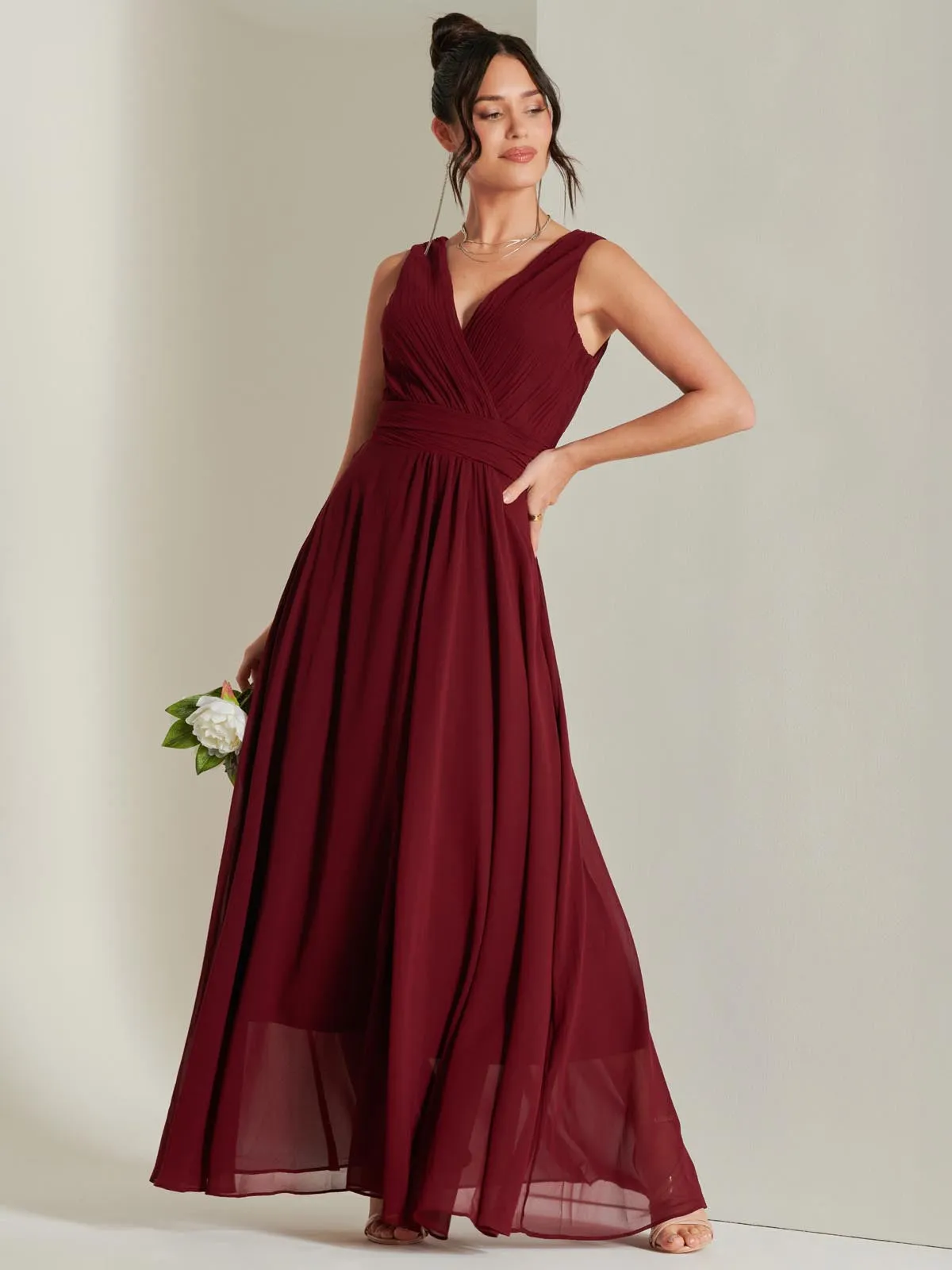 Pleated Bodice Chiffon Maxi Dress, Burgundy