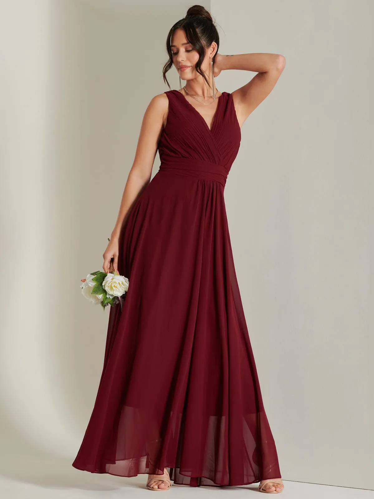 Pleated Bodice Chiffon Maxi Dress, Burgundy