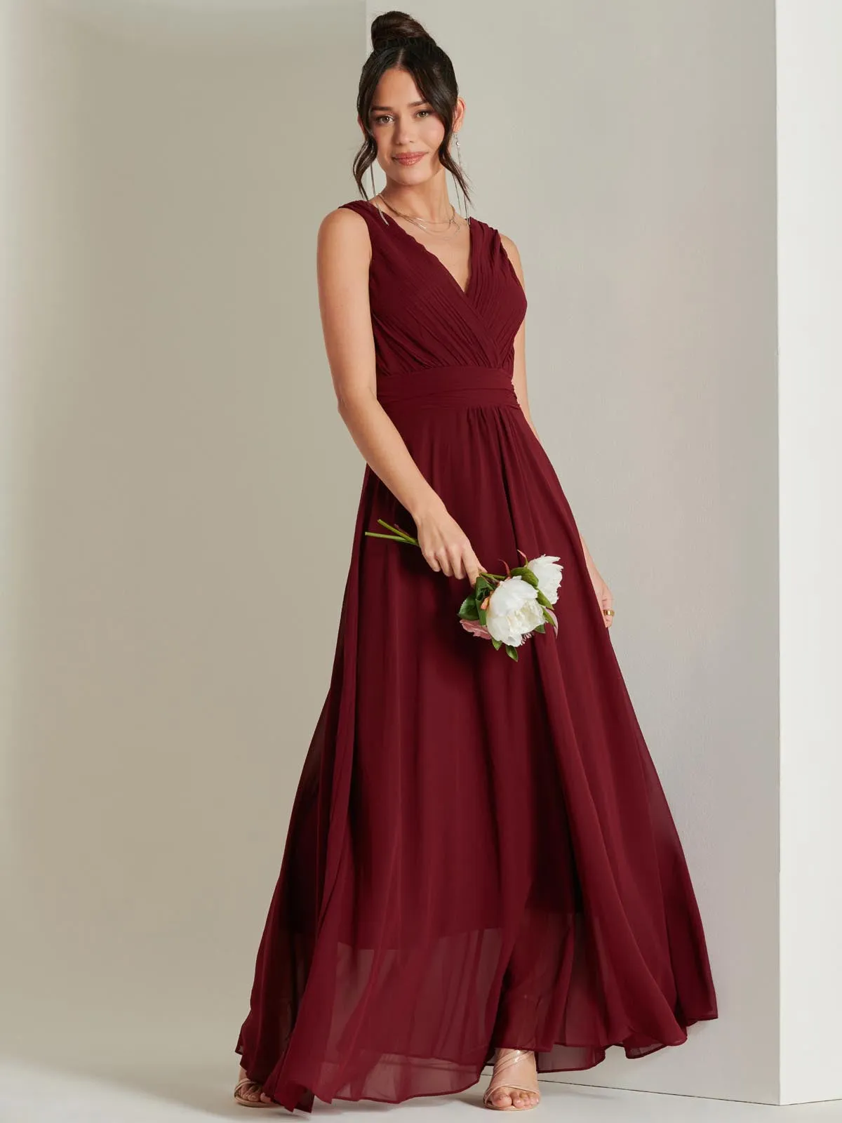 Pleated Bodice Chiffon Maxi Dress, Burgundy