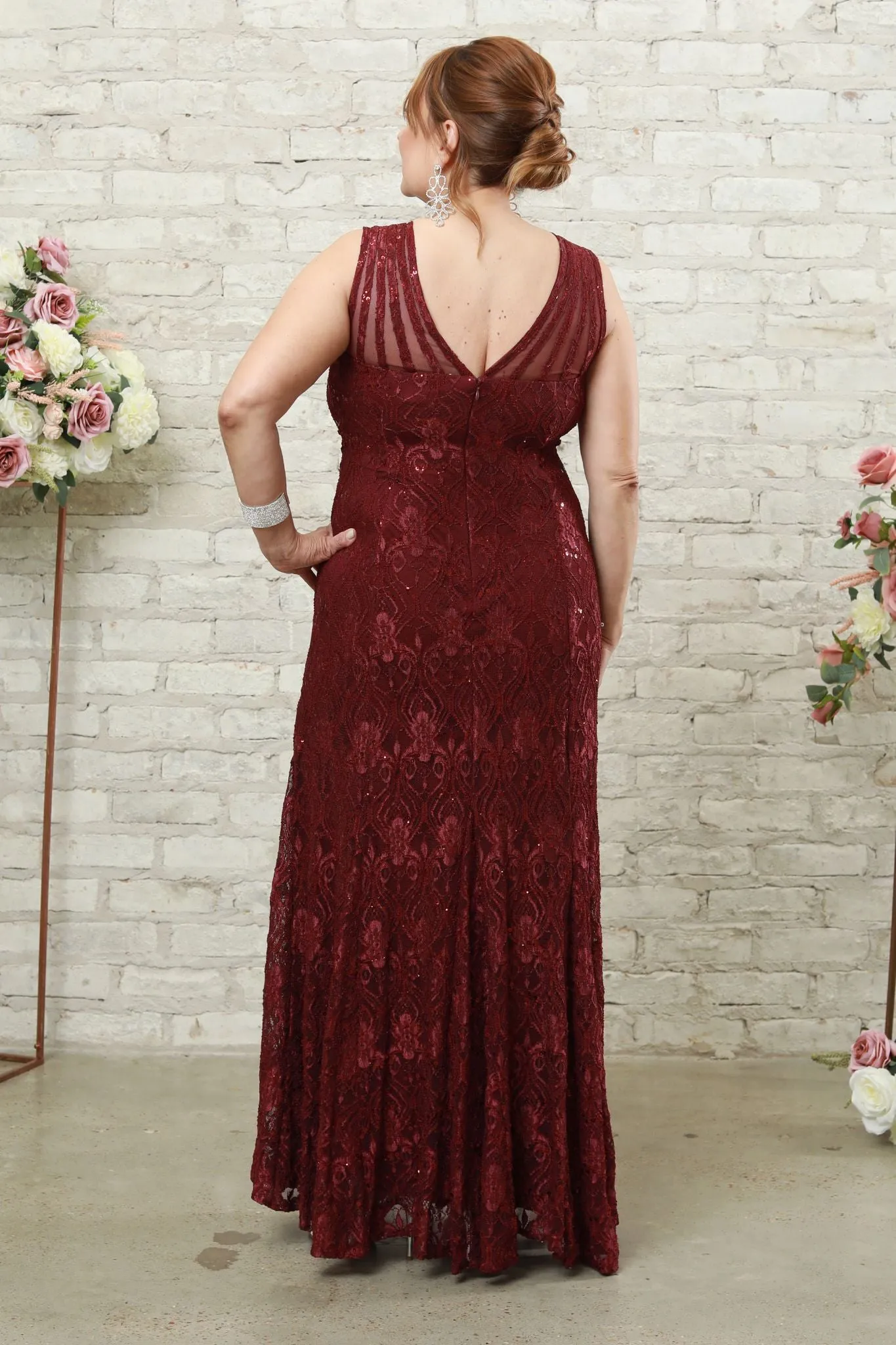 R&M Richards Petite Sequined Lace Gown with Sheer Inserts