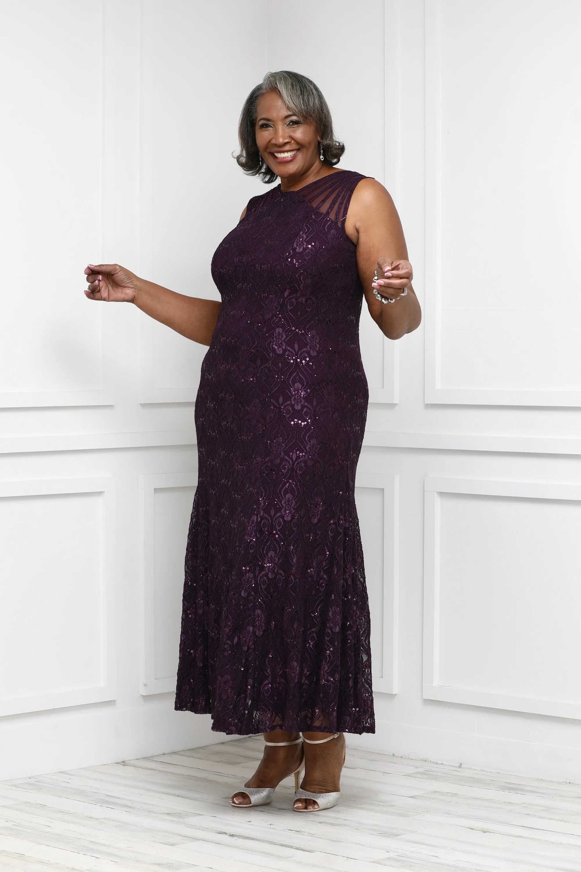 R&M Richards Petite Sequined Lace Gown with Sheer Inserts