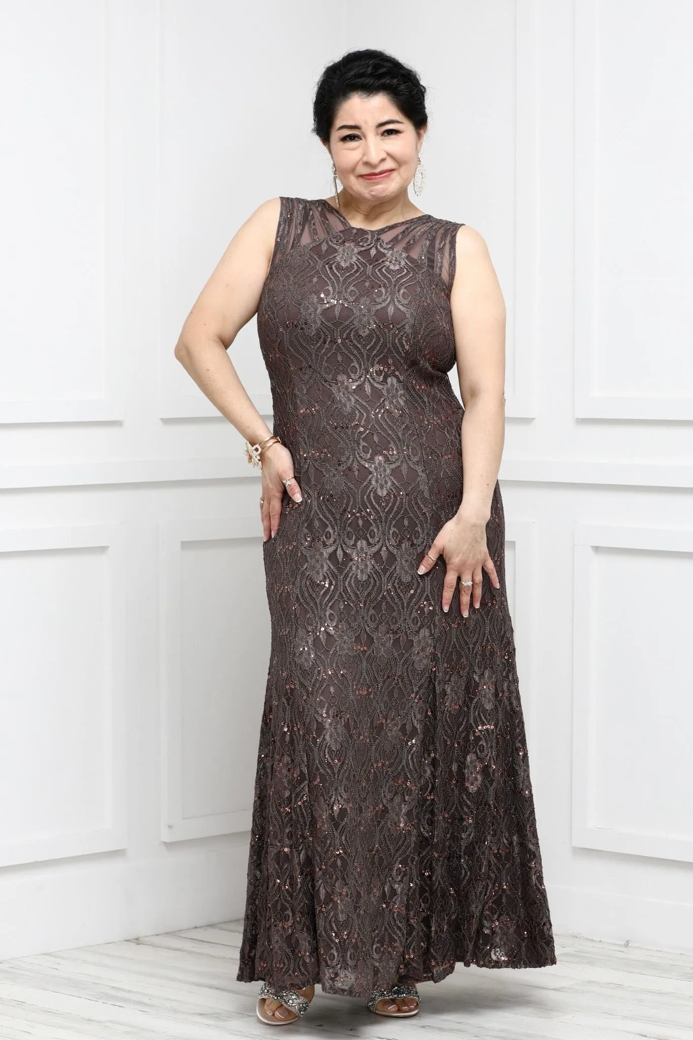 R&M Richards Petite Sequined Lace Gown with Sheer Inserts