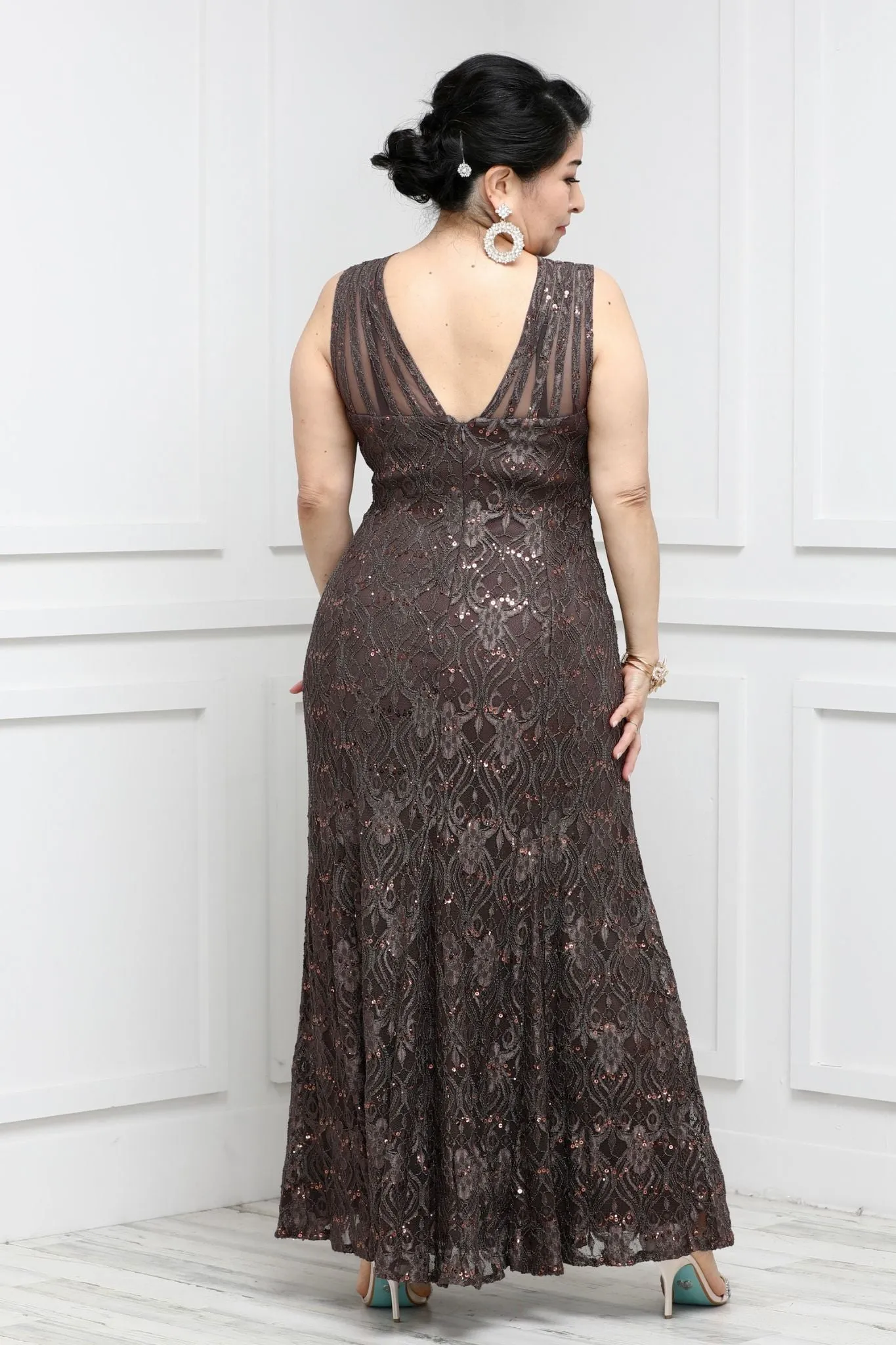 R&M Richards Petite Sequined Lace Gown with Sheer Inserts