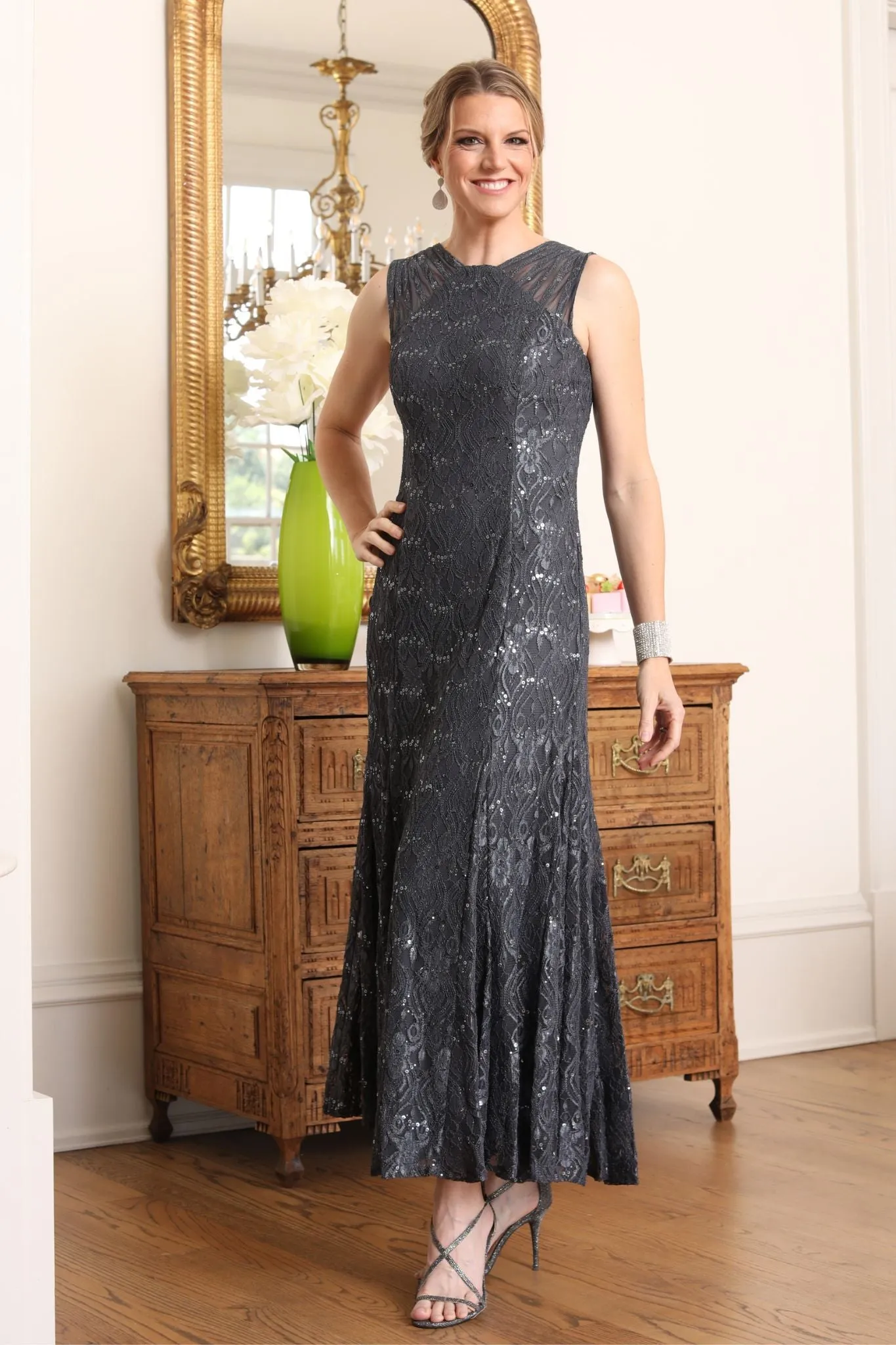 R&M Richards Petite Sequined Lace Gown with Sheer Inserts