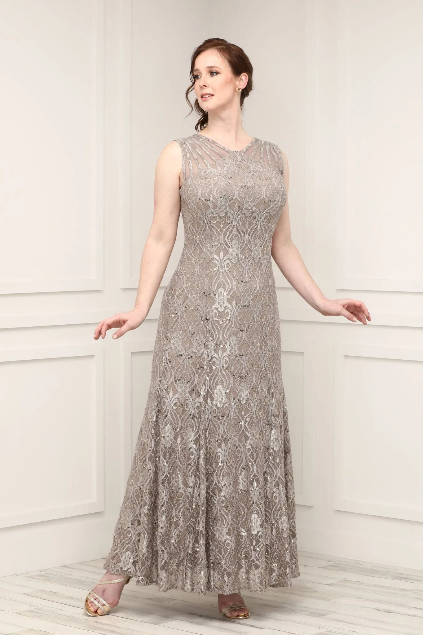 R&M Richards Petite Sequined Lace Gown with Sheer Inserts