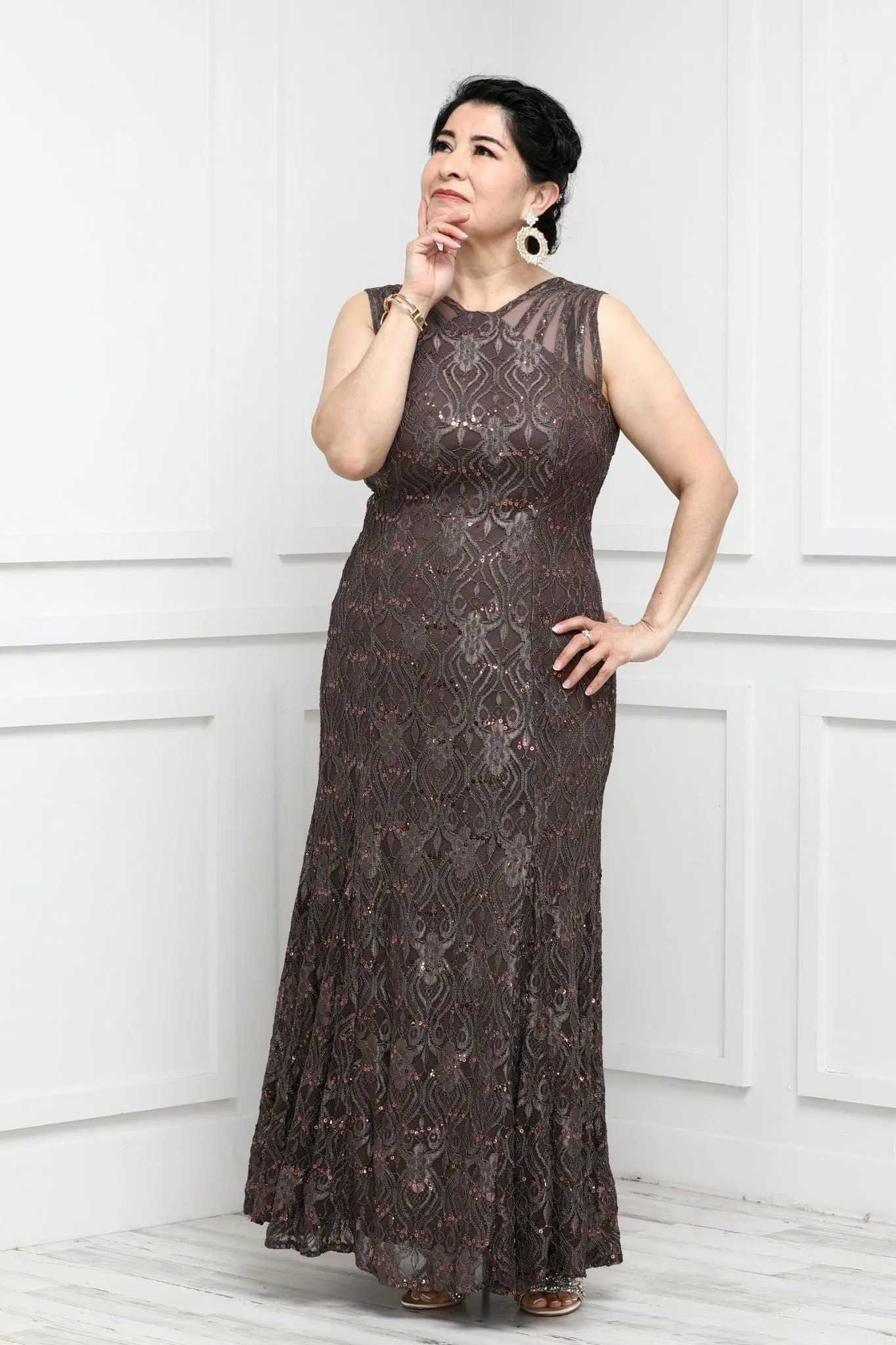 R&M Richards Petite Sequined Lace Gown with Sheer Inserts