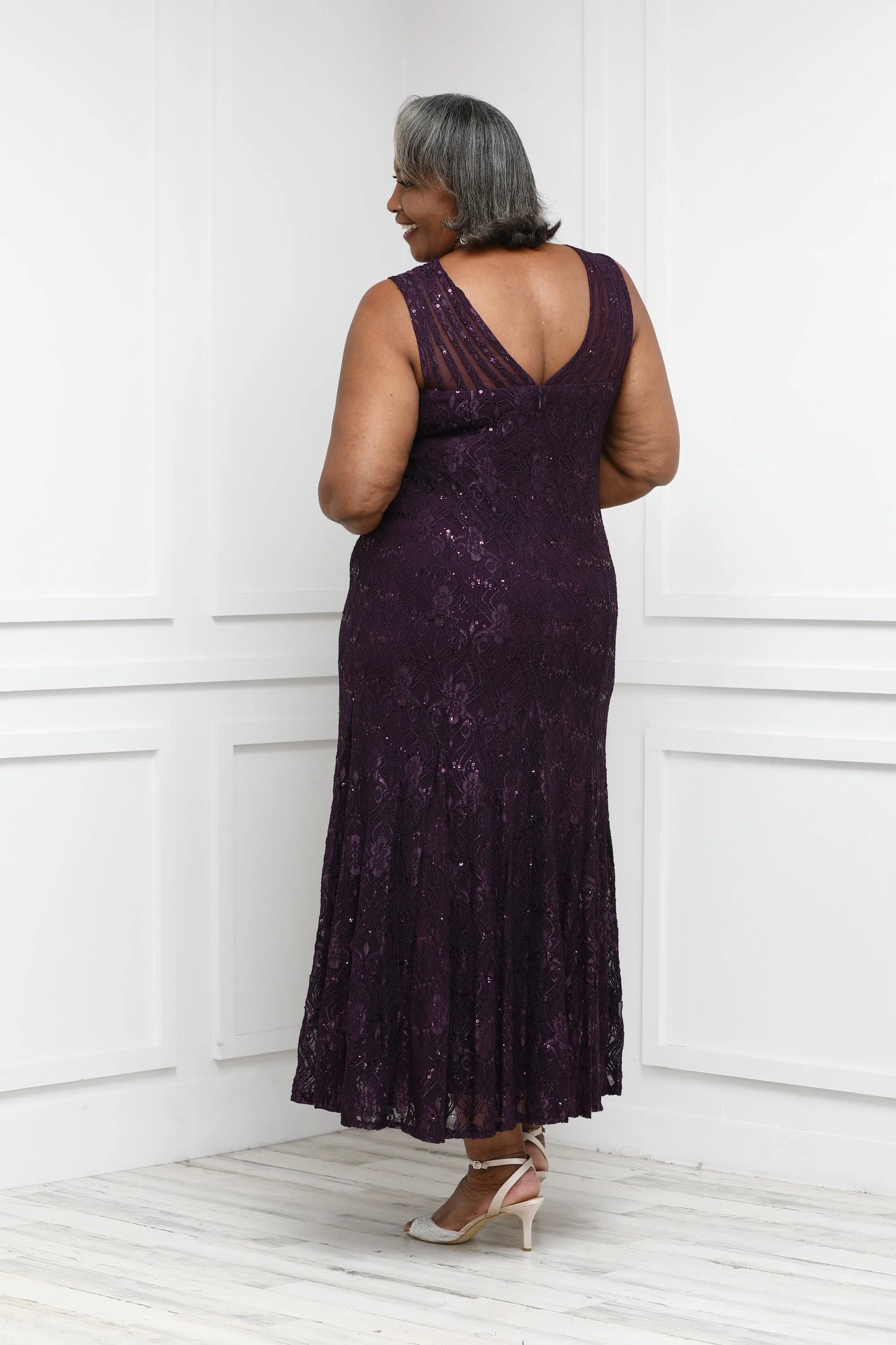 R&M Richards Petite Sequined Lace Gown with Sheer Inserts