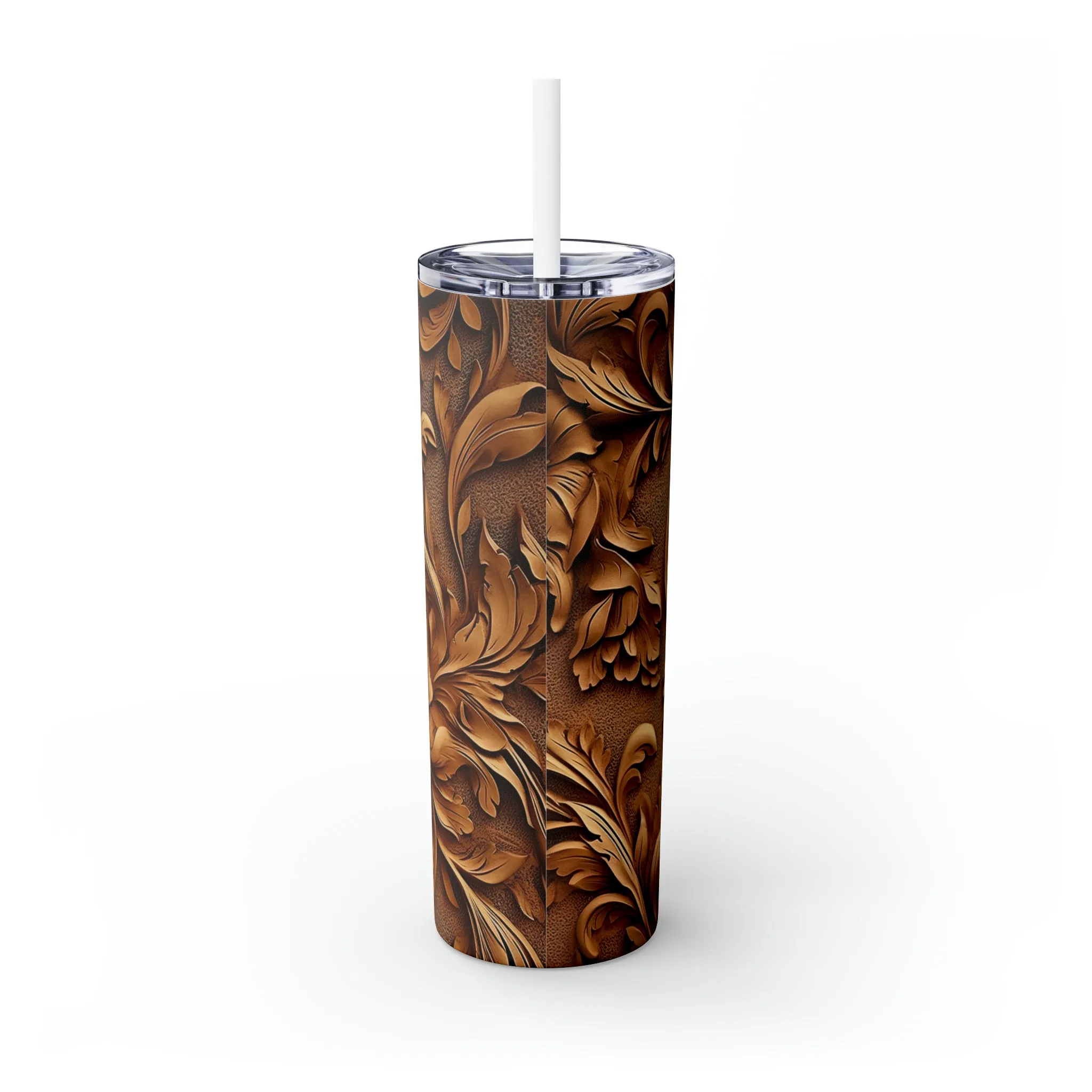 Skinny Tumbler with Straw, 20oz,  Floral carved wood/leather look awd-347