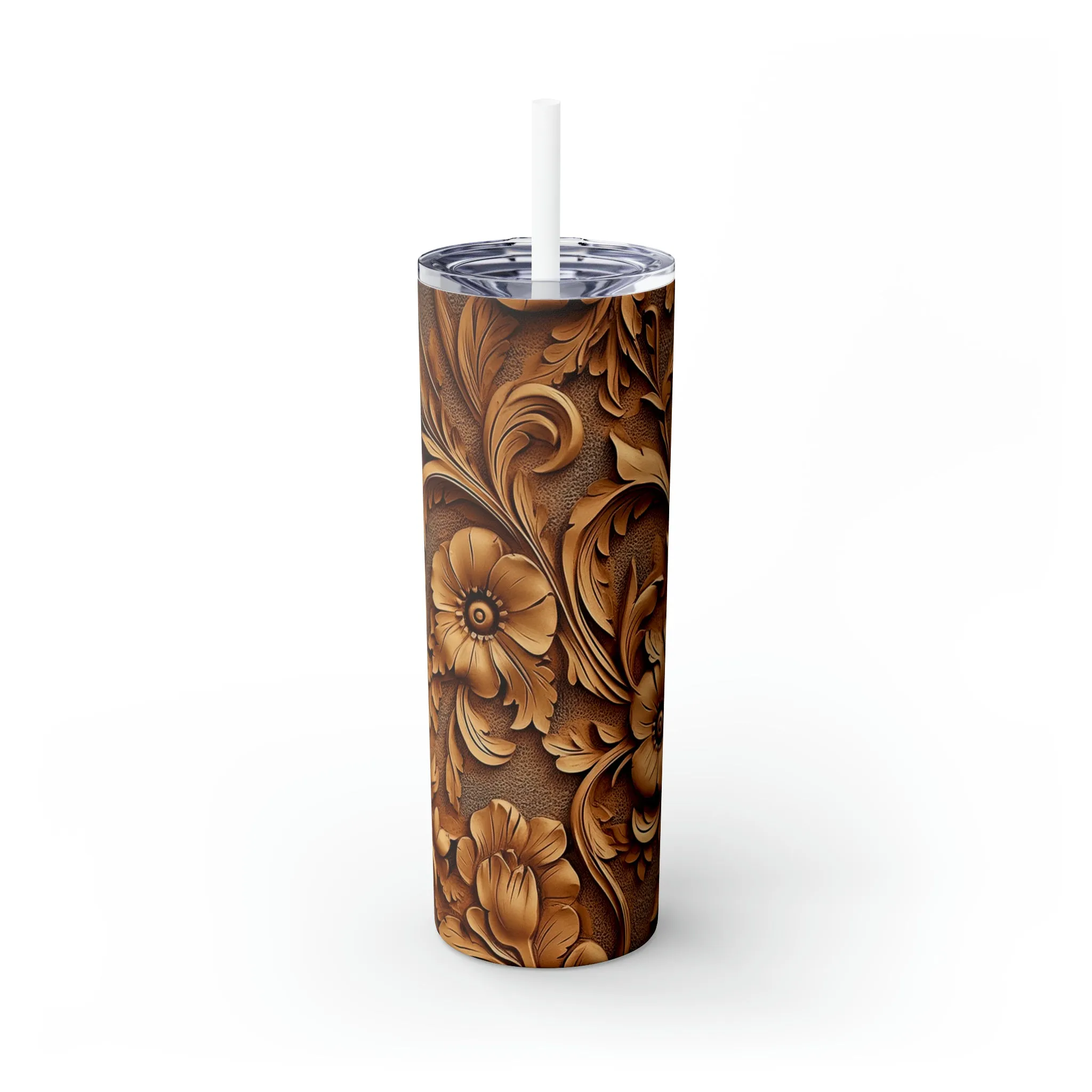 Skinny Tumbler with Straw, 20oz,  Floral carved wood/leather look awd-347