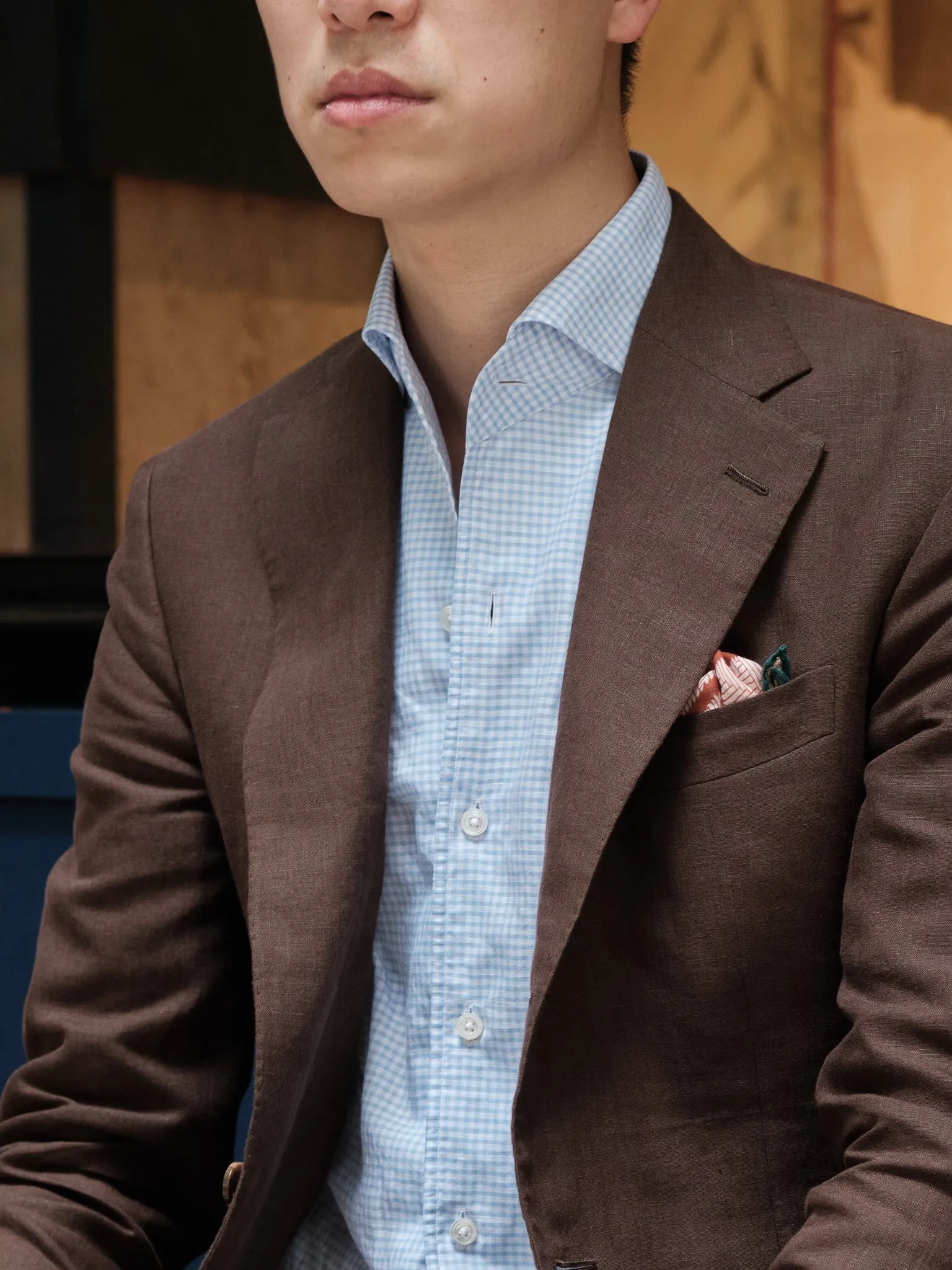 Sky Blue Check Cotton Linen "Ascot Collar" Shirt