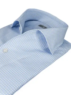 Sky Blue Check Cotton Linen "Ascot Collar" Shirt