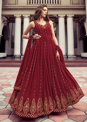 Stunning Maroon Georgette Thread & Sequins Wedding Party Gown