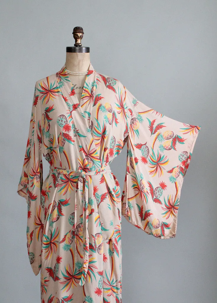 Vintage 1940s Tropical Print Rayon Kimono Robe